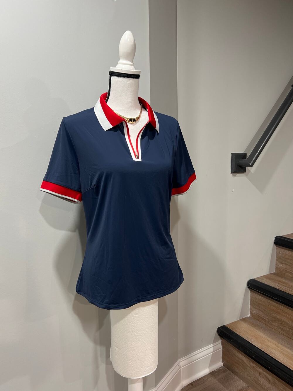 Airfree USA L Navy Red White Zip Polo Shirt Tennis Golf Short Sleeve Stretch NWT